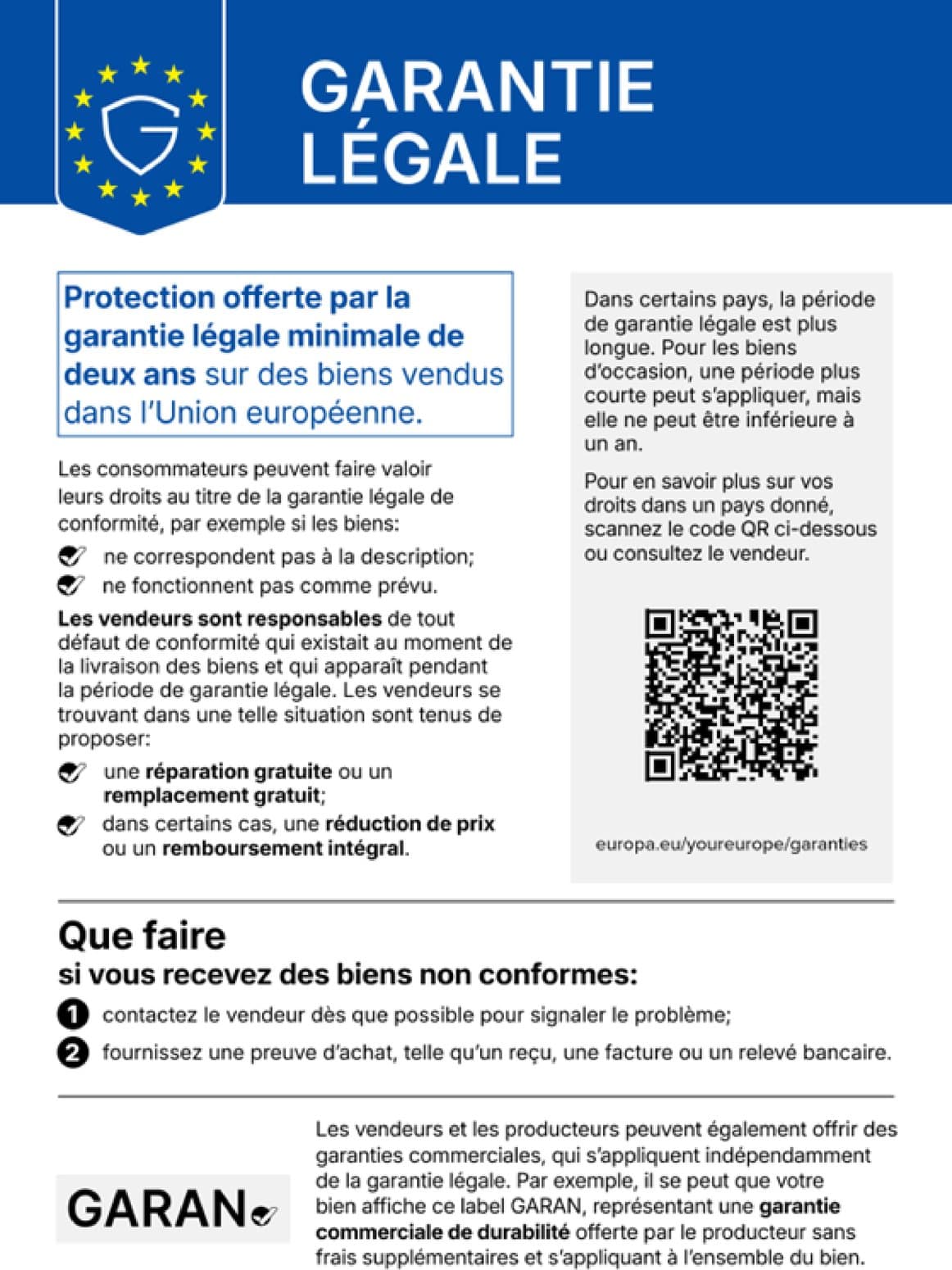 Avis harmonisé « Garantie légale » de l’Union européenne. Le texte complet figure ci-dessous.