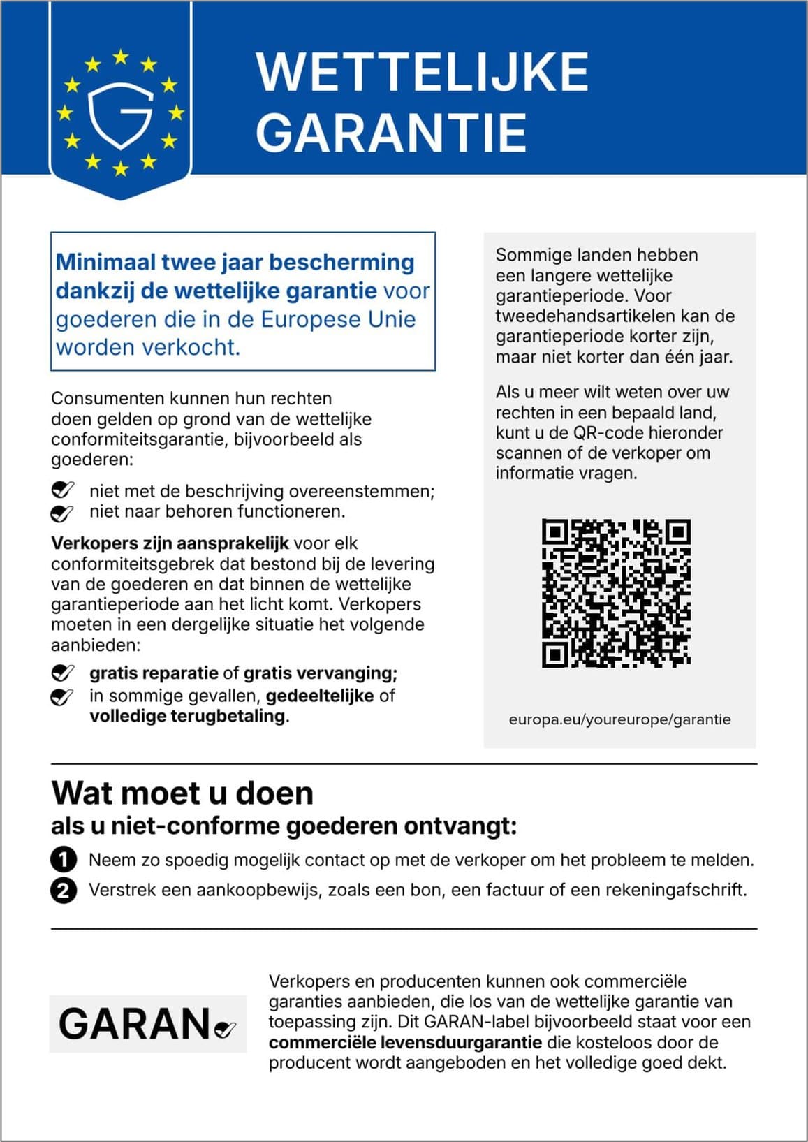 Geharmoniseerde kennisgeving ‘Wettelijke garantie’ van de Europese Unie. De volledige tekst staat hieronder.