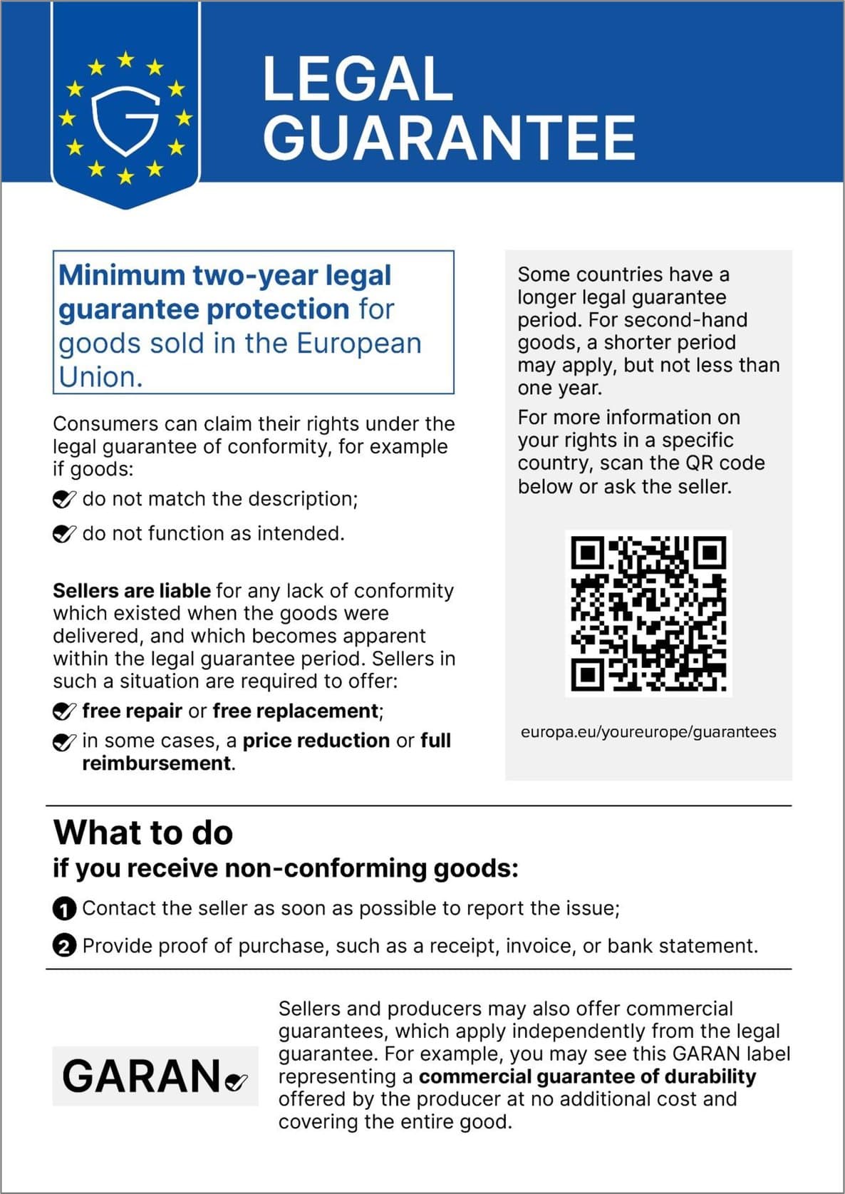 Harmonised notice ‘Legal guarantee’ of the European Union. The full text follows below.